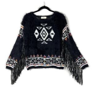 ELAN Tribal Boho Festival Fringed Fuzzy Sweater Black Size Small Statement Piece